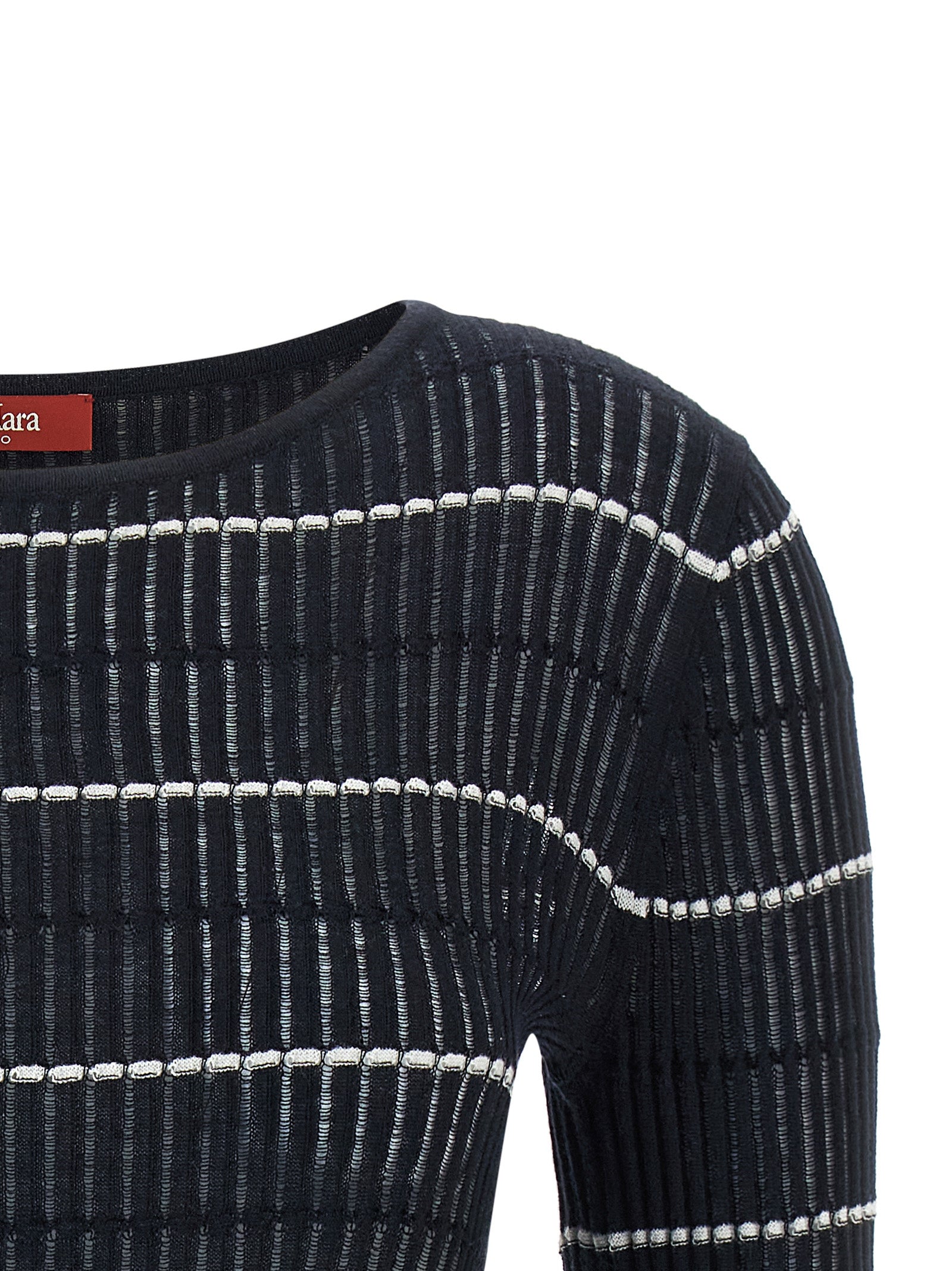 Cardigan by Max Mara for women in wool & silk blue & striped showcases a captivating silhouette, artfully detailed with a captivating and boat neckline for a truly sophisticated captivating look.