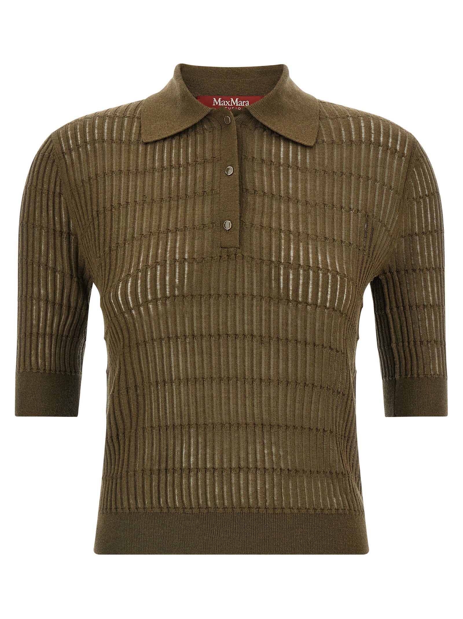 Polo Shirt by Max Mara for women in wool & silk bicolour & green showcases a sharp silhouette, detailed with a refined and sharp short-sleeve for a sophisticated finish.