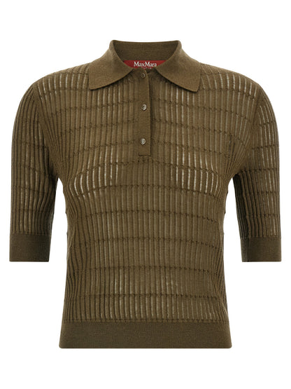 Polo Shirt by Max Mara for women in wool & silk bicolour & green showcases a sharp silhouette, detailed with a refined and sharp short-sleeve for a sophisticated finish.