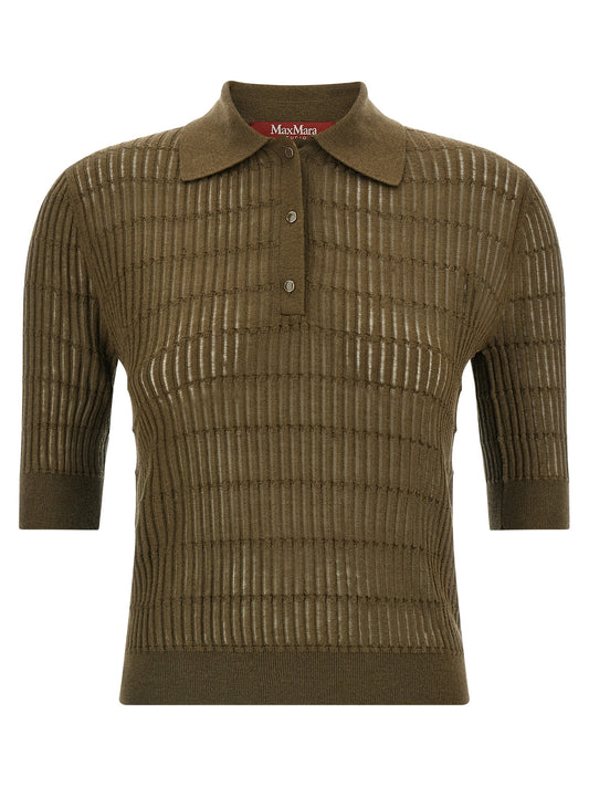 Polo Shirt by Max Mara for women in wool & silk bicolour & green showcases a sharp silhouette, detailed with a refined and sharp short-sleeve for a sophisticated finish.