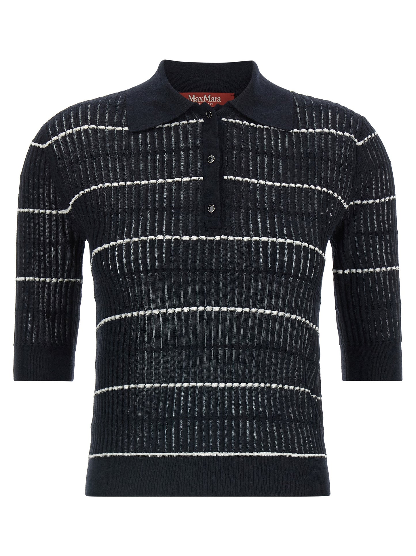 Polo Shirt by Max Mara for women in wool & silk blue & striped presents a sleek silhouette, featuring a refined and short-sleeve for a sleek finish.