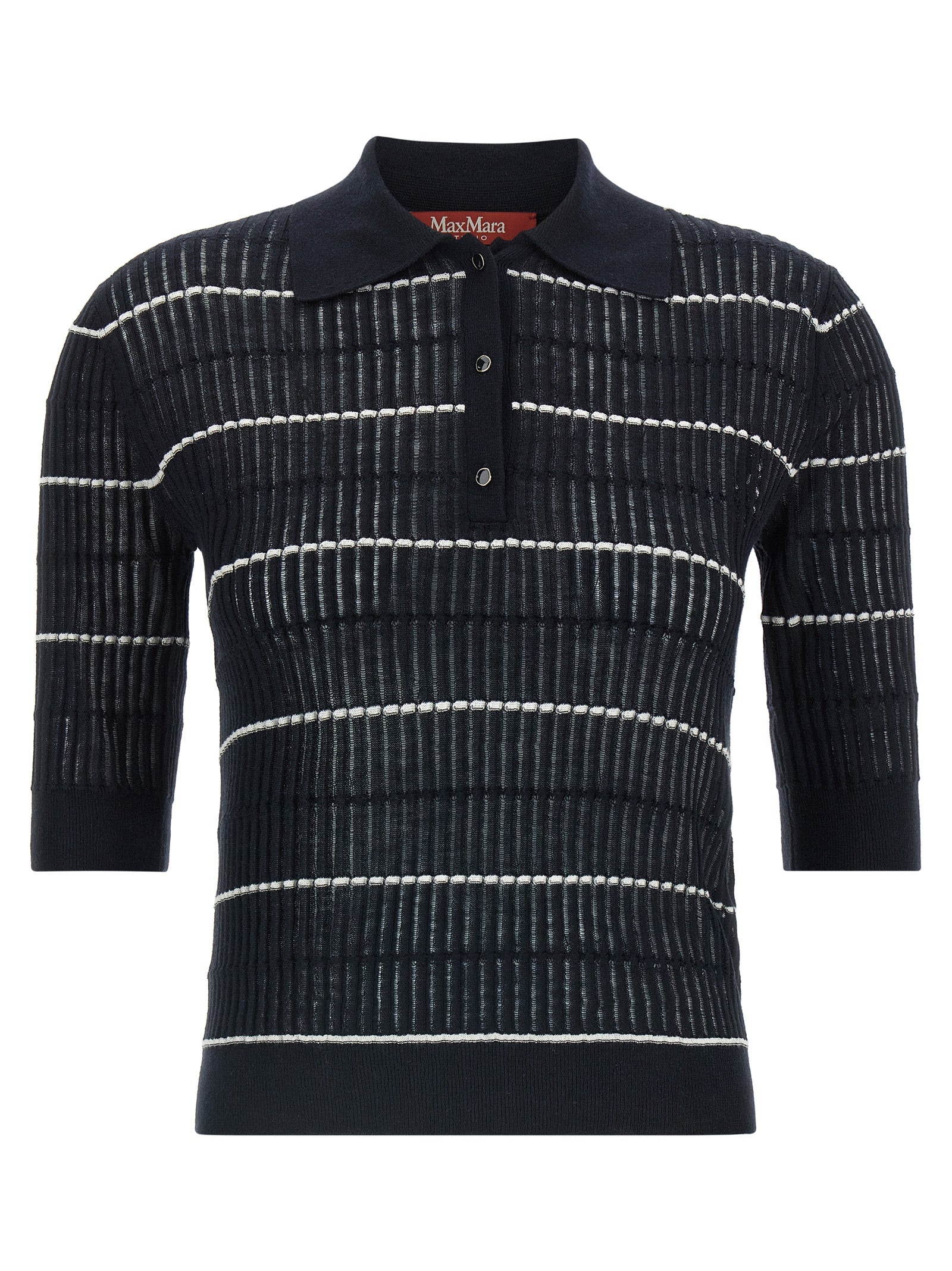Polo Shirt by Max Mara for women in wool & silk blue & striped presents a sleek silhouette, featuring a refined and short-sleeve for a sleek finish.