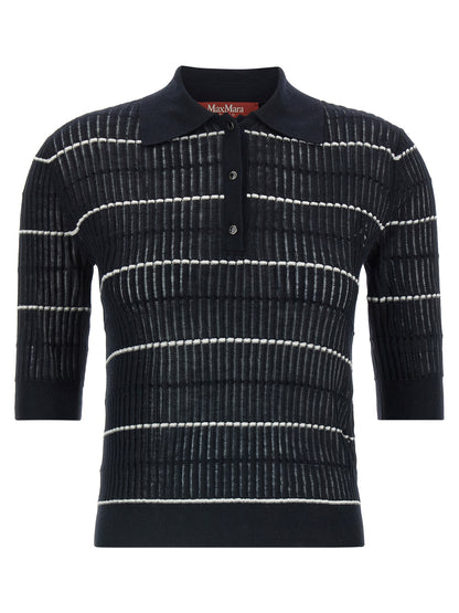 Polo Shirt by Max Mara for women in wool & silk blue & striped presents a sleek silhouette, featuring a refined and short-sleeve for a sleek finish.