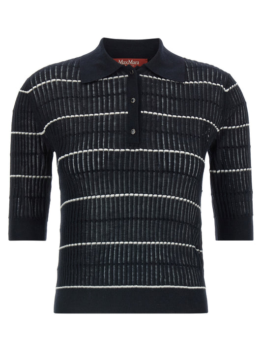 Polo Shirt by Max Mara for women in wool & silk blue & striped presents a sleek silhouette, featuring a refined and short-sleeve for a sleek finish.