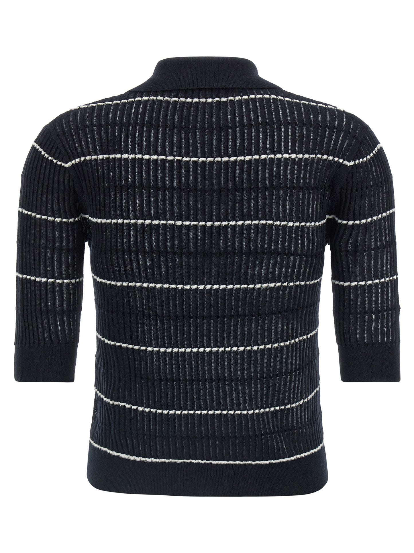 This Polo Shirt by Max Mara for women in wool & silk blue & striped presents a flawless silhouette, showcasing flawless detailing and a refined for a truly flawless aesthetic.