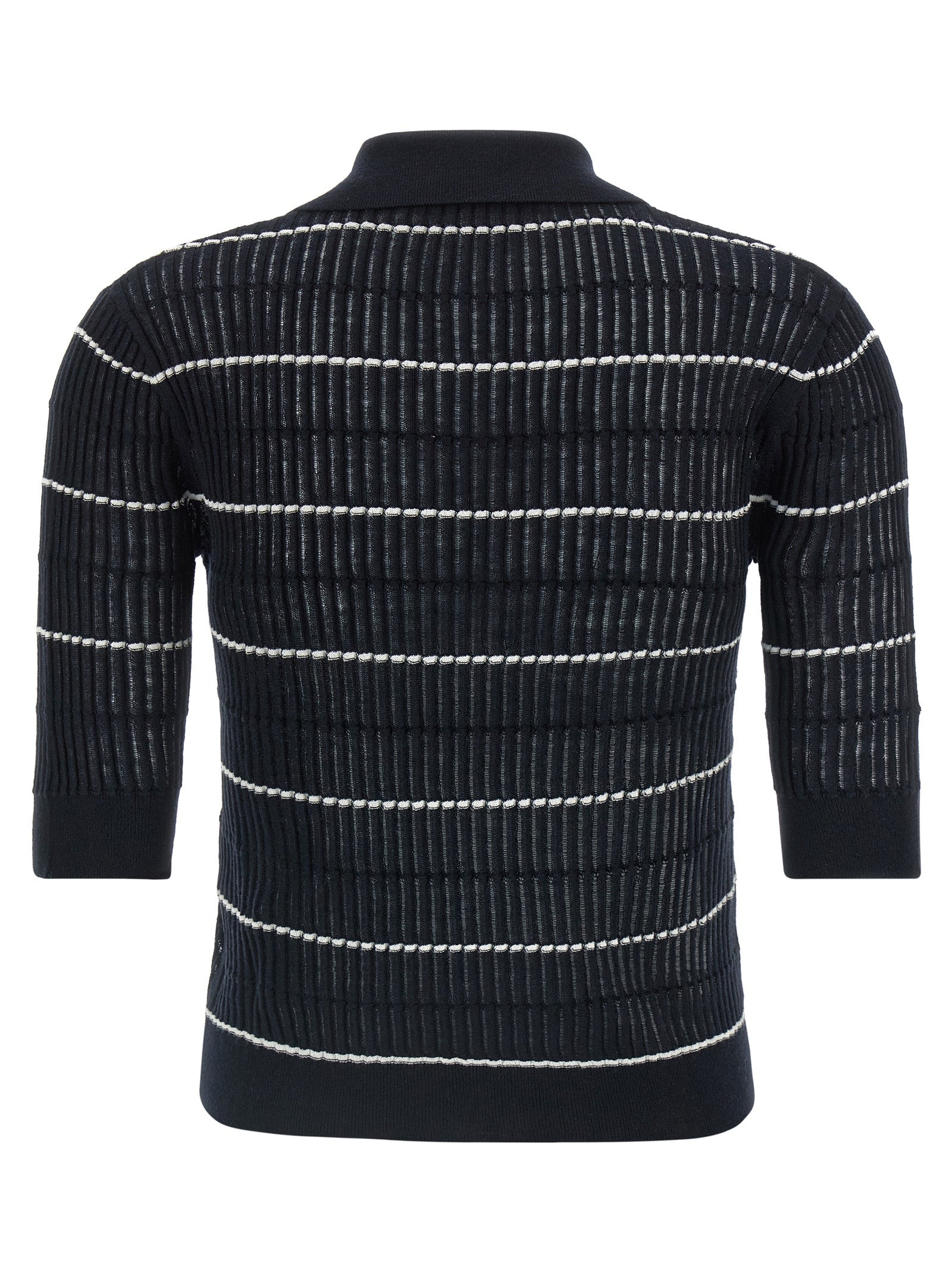 This Polo Shirt by Max Mara for women in wool & silk blue & striped presents a flawless silhouette, showcasing flawless detailing and a refined for a truly flawless aesthetic.