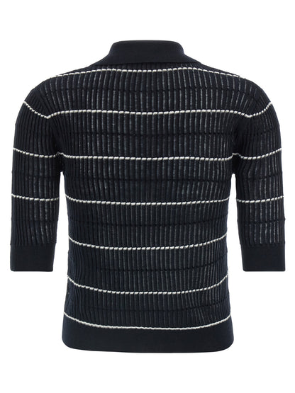 This Polo Shirt by Max Mara for women in wool & silk blue & striped presents a flawless silhouette, showcasing flawless detailing and a refined for a truly flawless aesthetic.