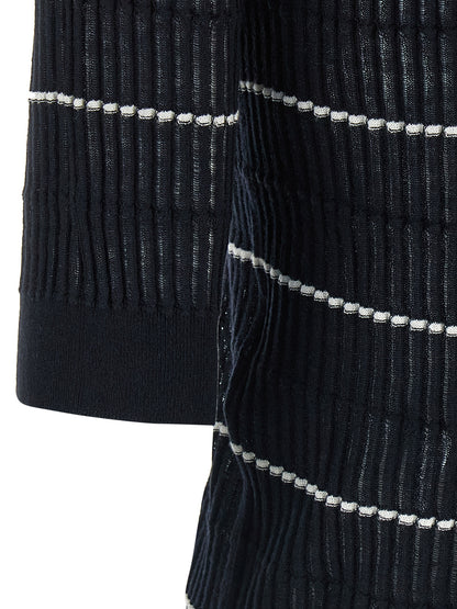 Polo Shirt by Max Mara for women in wool & silk blue & striped showcases a sharp silhouette, detailed with a refined and sharp for a sophisticated finish.