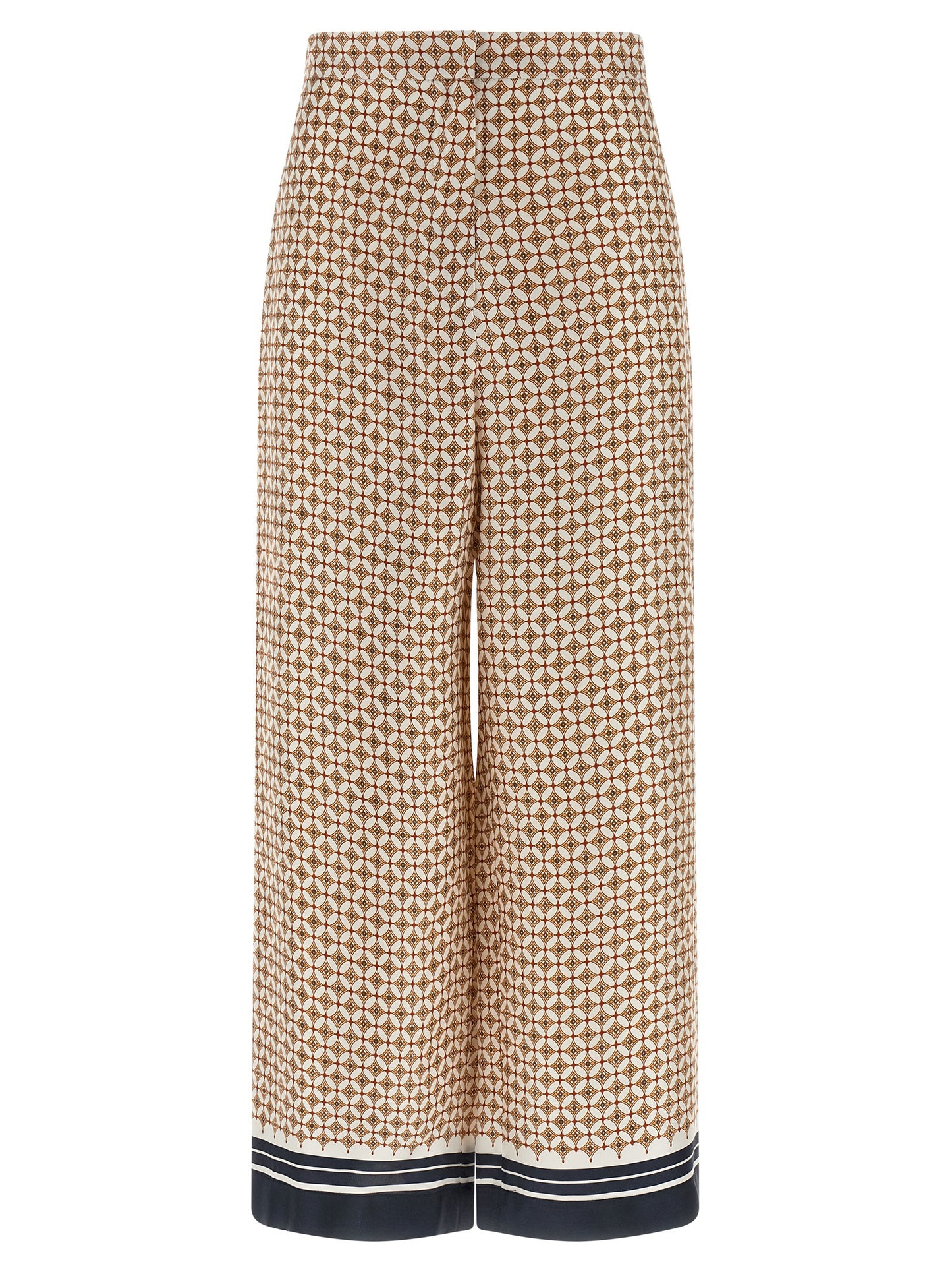 Trousers by Max Mara for women in silk twill blue & print presents a perennial silhouette, meticulously tailored with a straight-leg & wide cut, long finish, and an elegant high rise.