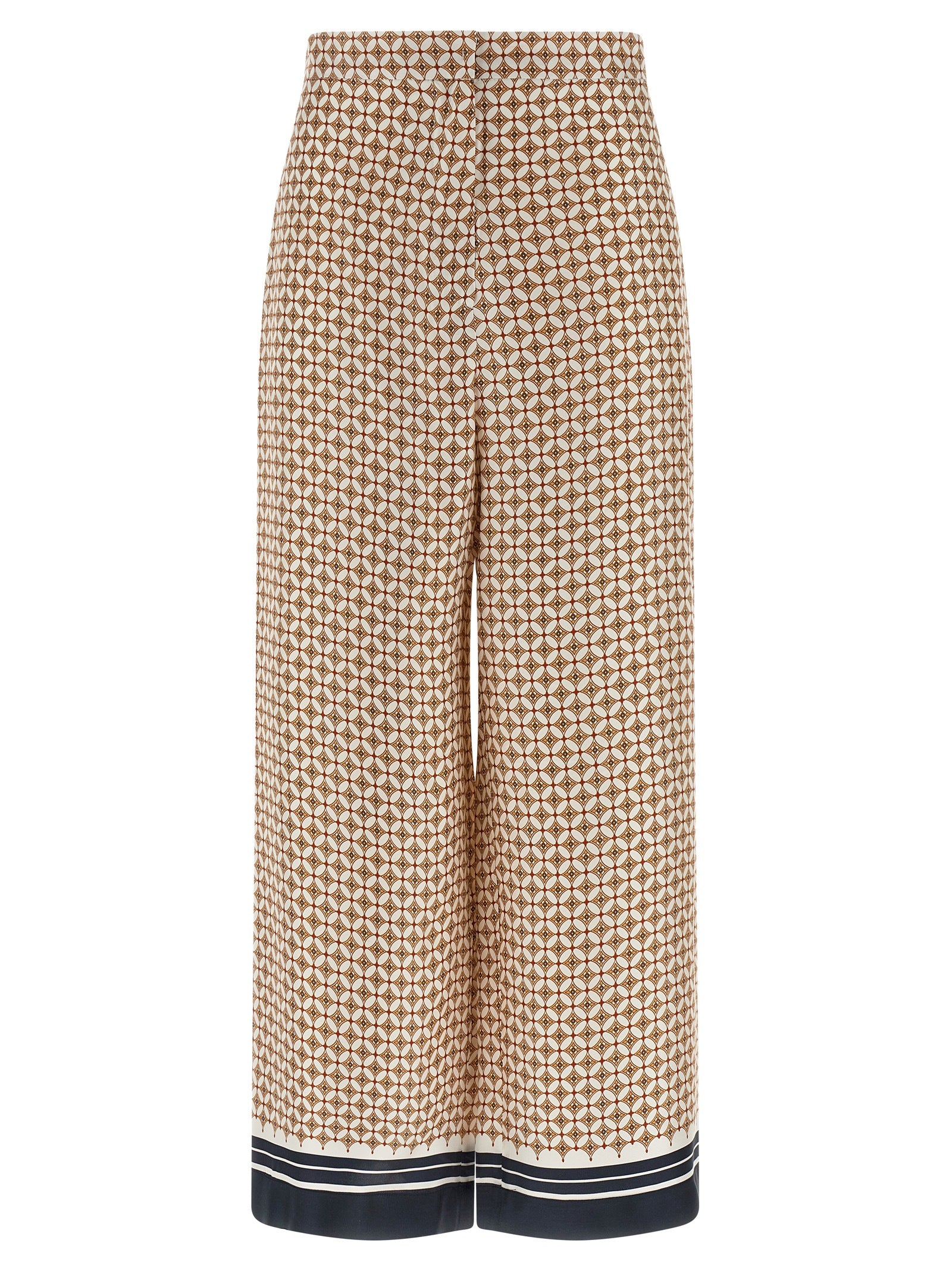 Trousers by Max Mara for women in silk twill blue & print presents a perennial silhouette, meticulously tailored with a straight-leg & wide cut, long finish, and an elegant high rise.