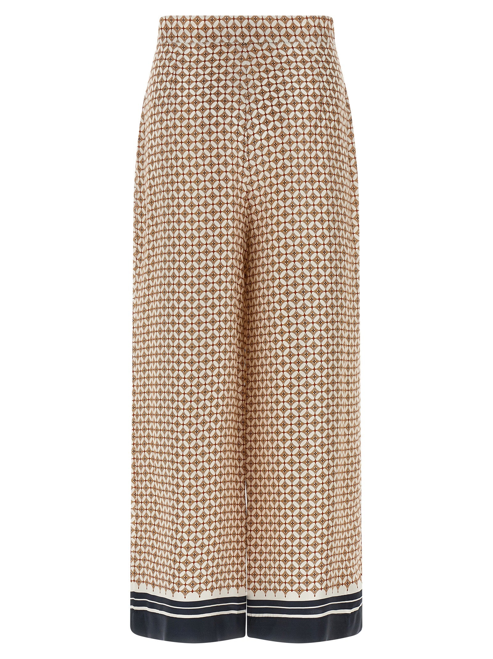 Trousers by Max Mara for women in silk twill blue & print features a sculptural silhouette, showcasing a sculptural straight-leg & wide and long with a sophisticated high rise for a sculptural finish.