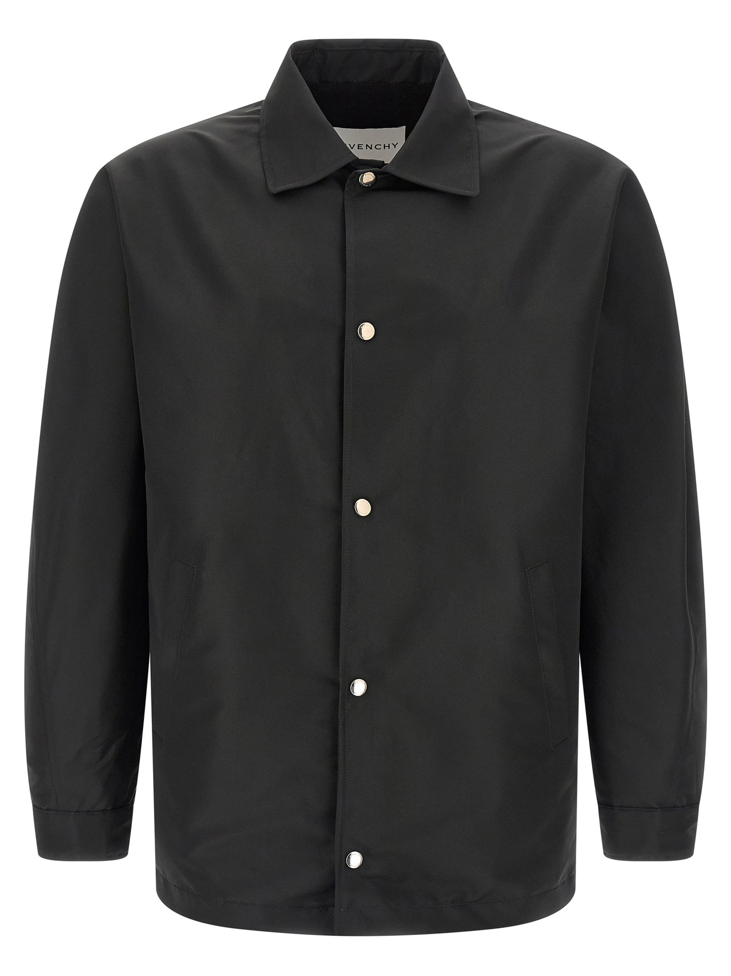 Jacket by Givenchy for men in polyester & viscose black features an utilitarian silhouette with a refined shirt-collar neckline, showcasing sophisticated pockets for an utilitarian aesthetic.