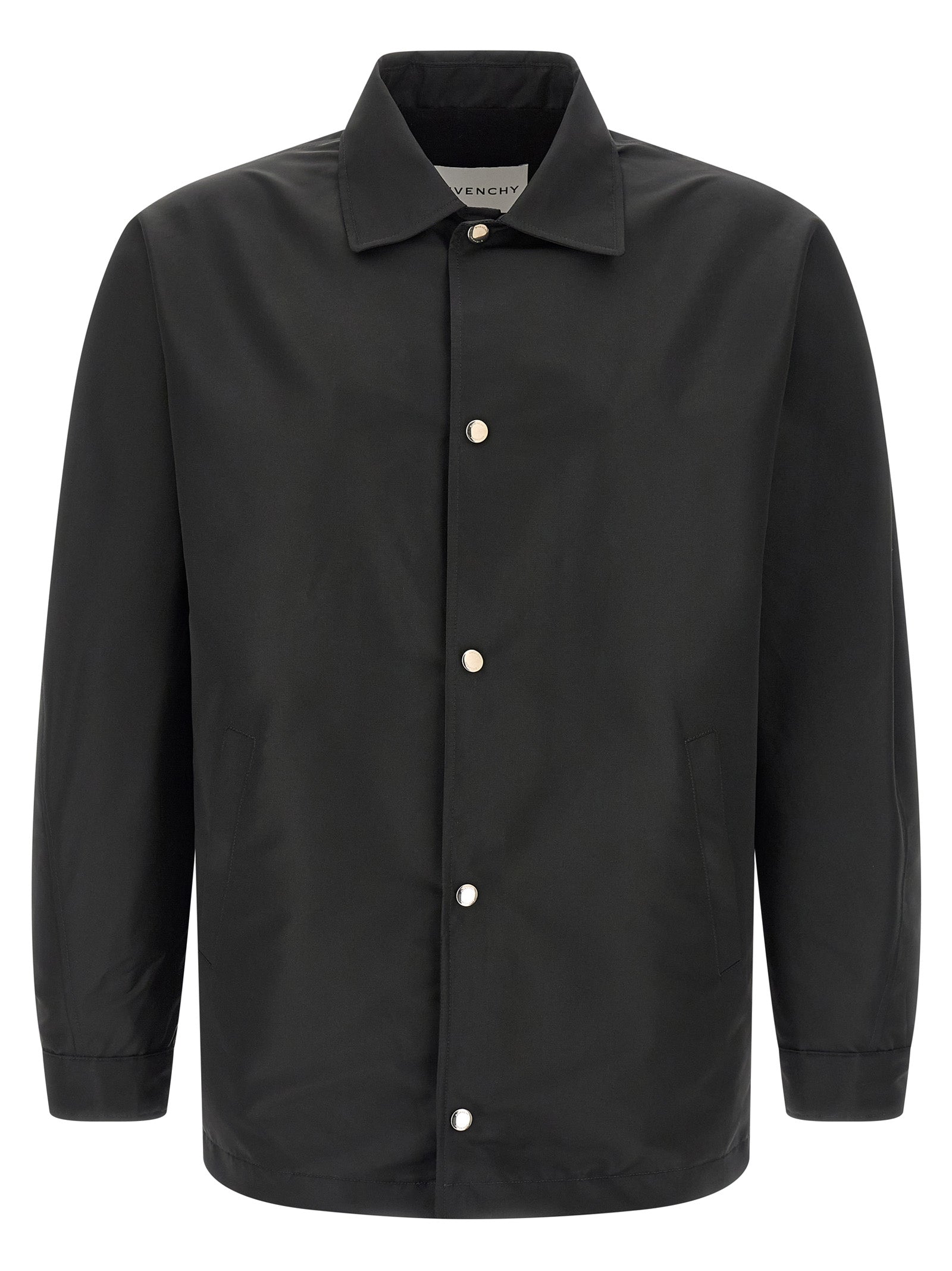 Jacket by Givenchy for men in polyester & viscose black features an utilitarian silhouette with a refined shirt-collar neckline, showcasing sophisticated pockets for an utilitarian aesthetic.