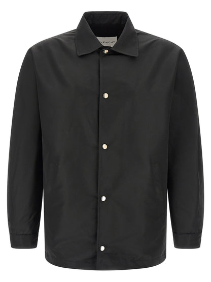 Jacket by Givenchy for men in polyester & viscose black features an utilitarian silhouette with a refined shirt-collar neckline, showcasing sophisticated pockets for an utilitarian aesthetic.