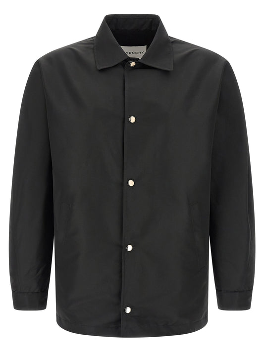 Jacket by Givenchy for men in polyester & viscose black features an utilitarian silhouette with a refined shirt-collar neckline, showcasing sophisticated pockets for an utilitarian aesthetic.