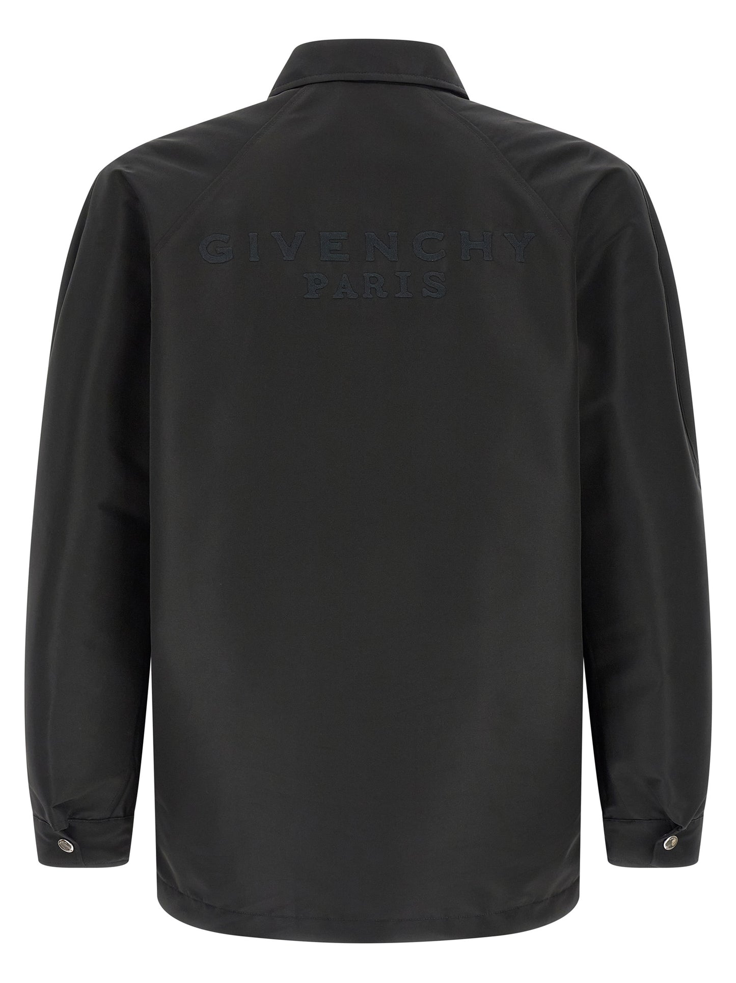 Jacket by Givenchy for men in polyester & viscose black showcases a enveloping silhouette, artfully detailed with a enveloping shirt-collar neckline and premium pockets for a truly enveloping finish.
