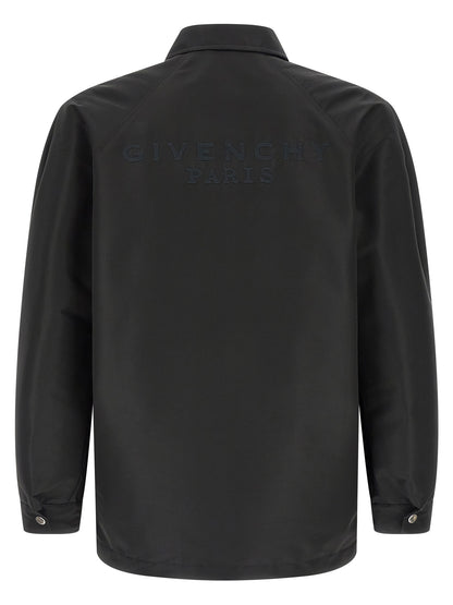 Jacket by Givenchy for men in polyester & viscose black showcases a enveloping silhouette, artfully detailed with a enveloping shirt-collar neckline and premium pockets for a truly enveloping finish.
