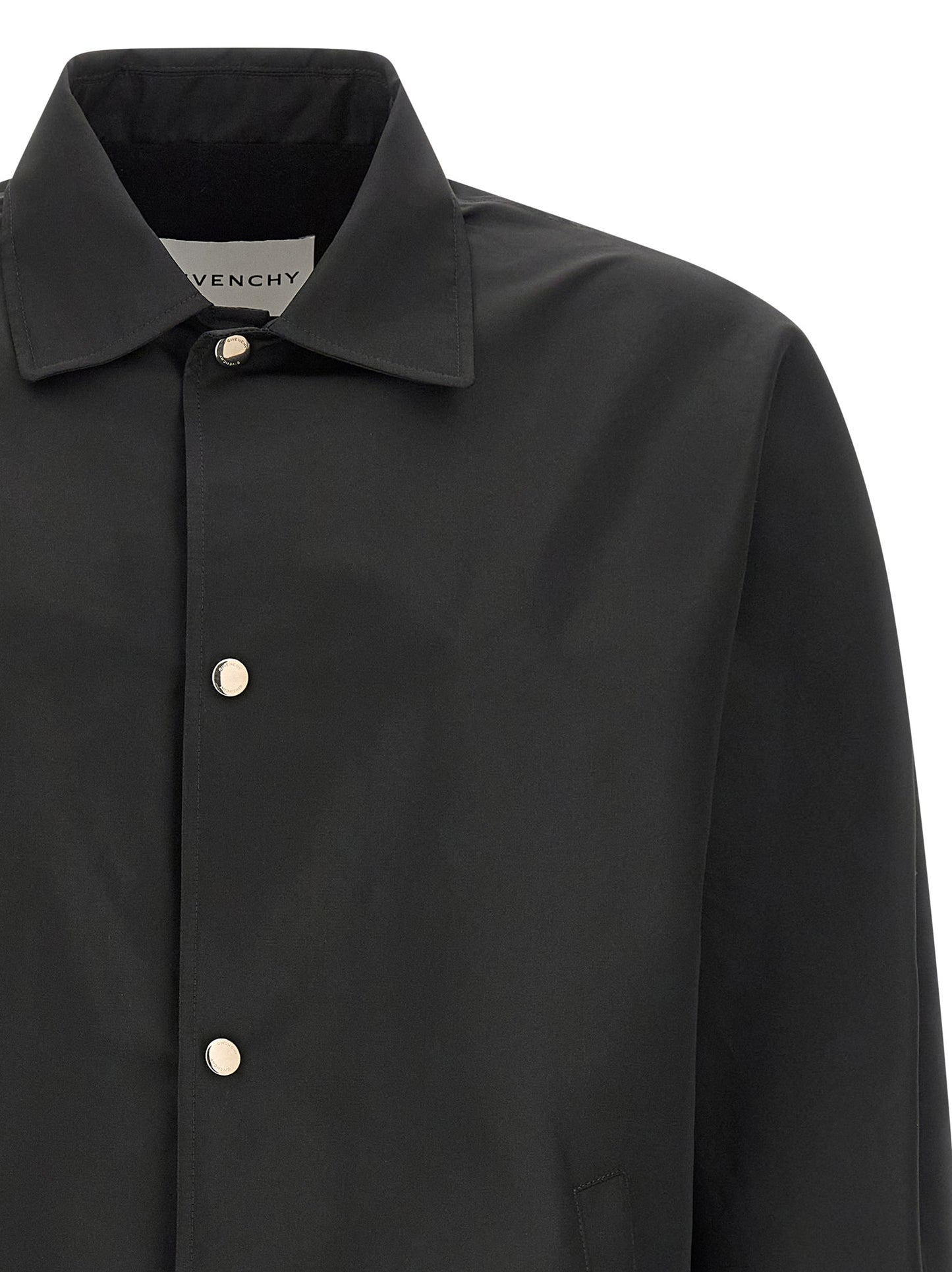 Jacket by Givenchy for men in polyester & viscose black showcases a contemporary silhouette, detailed with a contemporary shirt-collar neckline and premium pockets for a sophisticated finish.