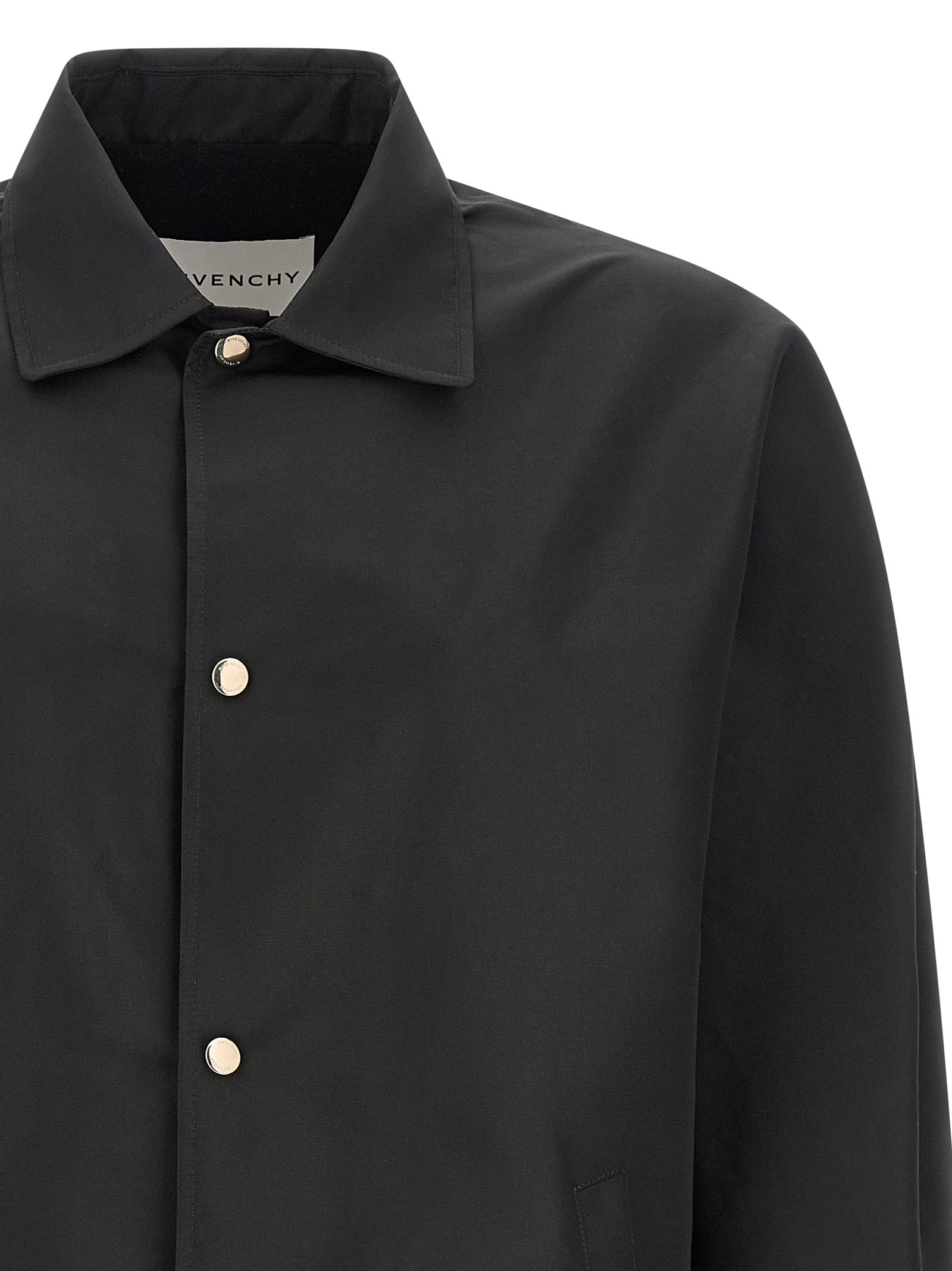 Jacket by Givenchy for men in polyester & viscose black showcases a contemporary silhouette, detailed with a contemporary shirt-collar neckline and premium pockets for a sophisticated finish.
