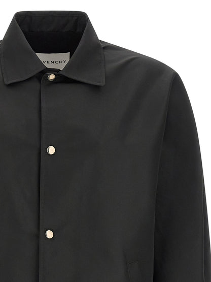Jacket by Givenchy for men in polyester & viscose black showcases a contemporary silhouette, detailed with a contemporary shirt-collar neckline and premium pockets for a sophisticated finish.