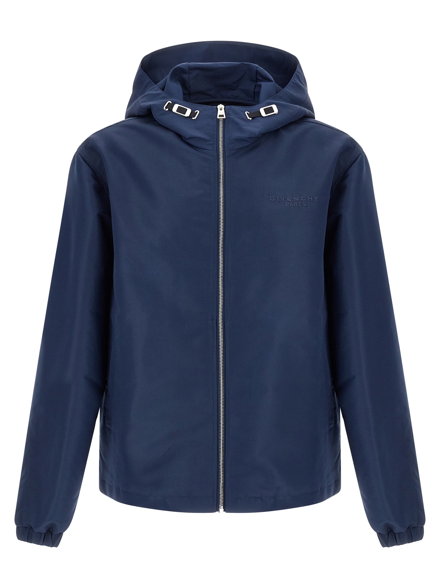 Hooded Windbreaker Jacket by Givenchy for men in polyester blue features an magnificent silhouette, showcasing the sophisticated hooded high-neck neckline and functional pockets, hooded & windproof for a premium, magnificent look.