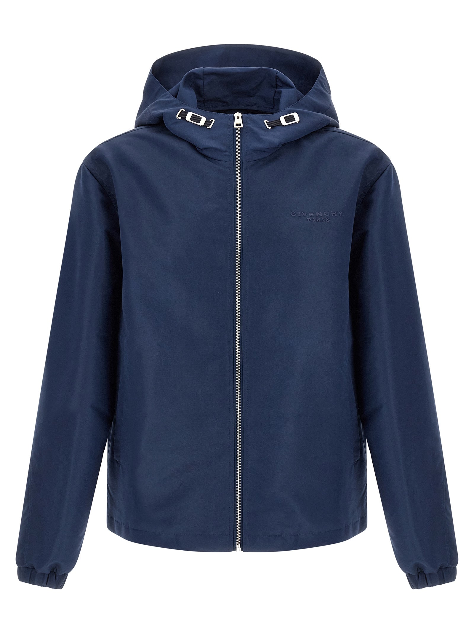 Hooded Windbreaker Jacket by Givenchy for men in polyester blue features an magnificent silhouette, showcasing the sophisticated hooded high-neck neckline and functional pockets, hooded & windproof for a premium, magnificent look.