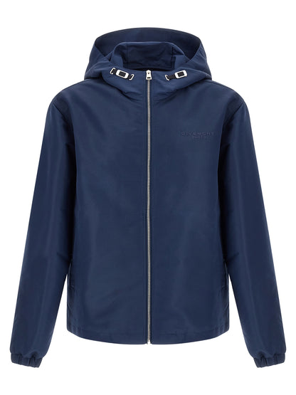 Hooded Windbreaker Jacket by Givenchy for men in polyester blue features an magnificent silhouette, showcasing the sophisticated hooded high-neck neckline and functional pockets, hooded & windproof for a premium, magnificent look.