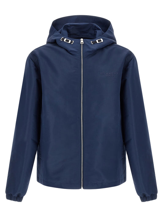 Hooded Windbreaker Jacket by Givenchy for men in polyester blue features an magnificent silhouette, showcasing the sophisticated hooded high-neck neckline and functional pockets, hooded & windproof for a premium, magnificent look.