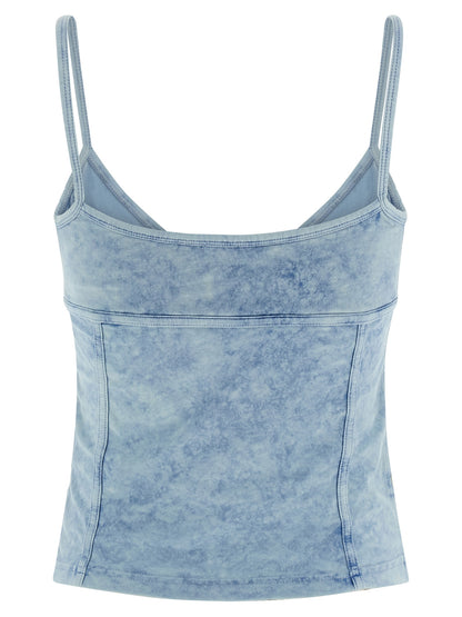 Activewear T-Shirt by Diesel for women in stretch denim cotton light-blue features an contemporary design with , a length, and a contemporary sweetheart neckline.