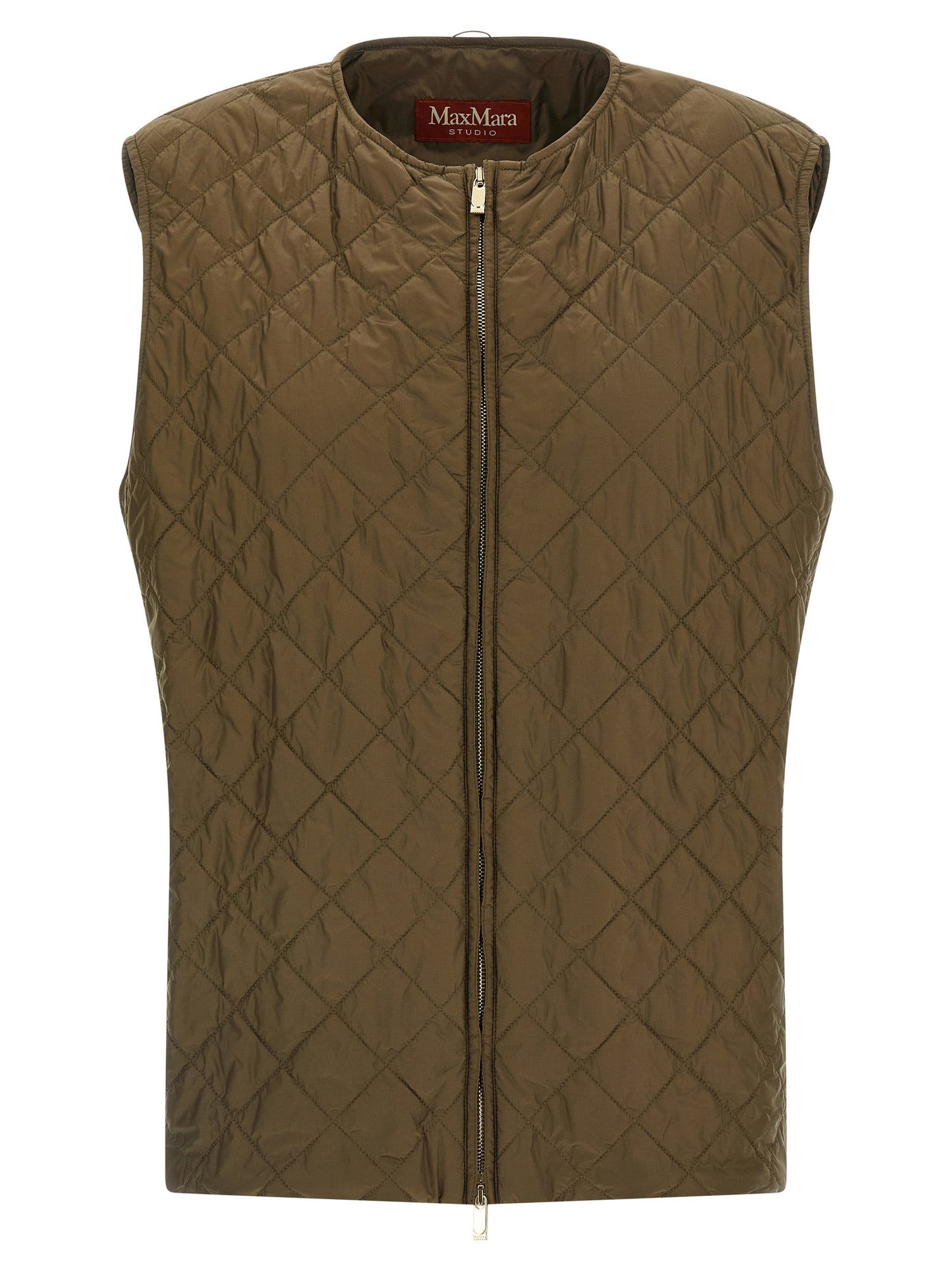 Vest by Max Mara for women in virgin wool & silk bicolour & green showcases a utilitarian silhouette, artfully incorporating pockets & insulated and a utilitarian shirt-collar neckline for a truly utilitarian finish.