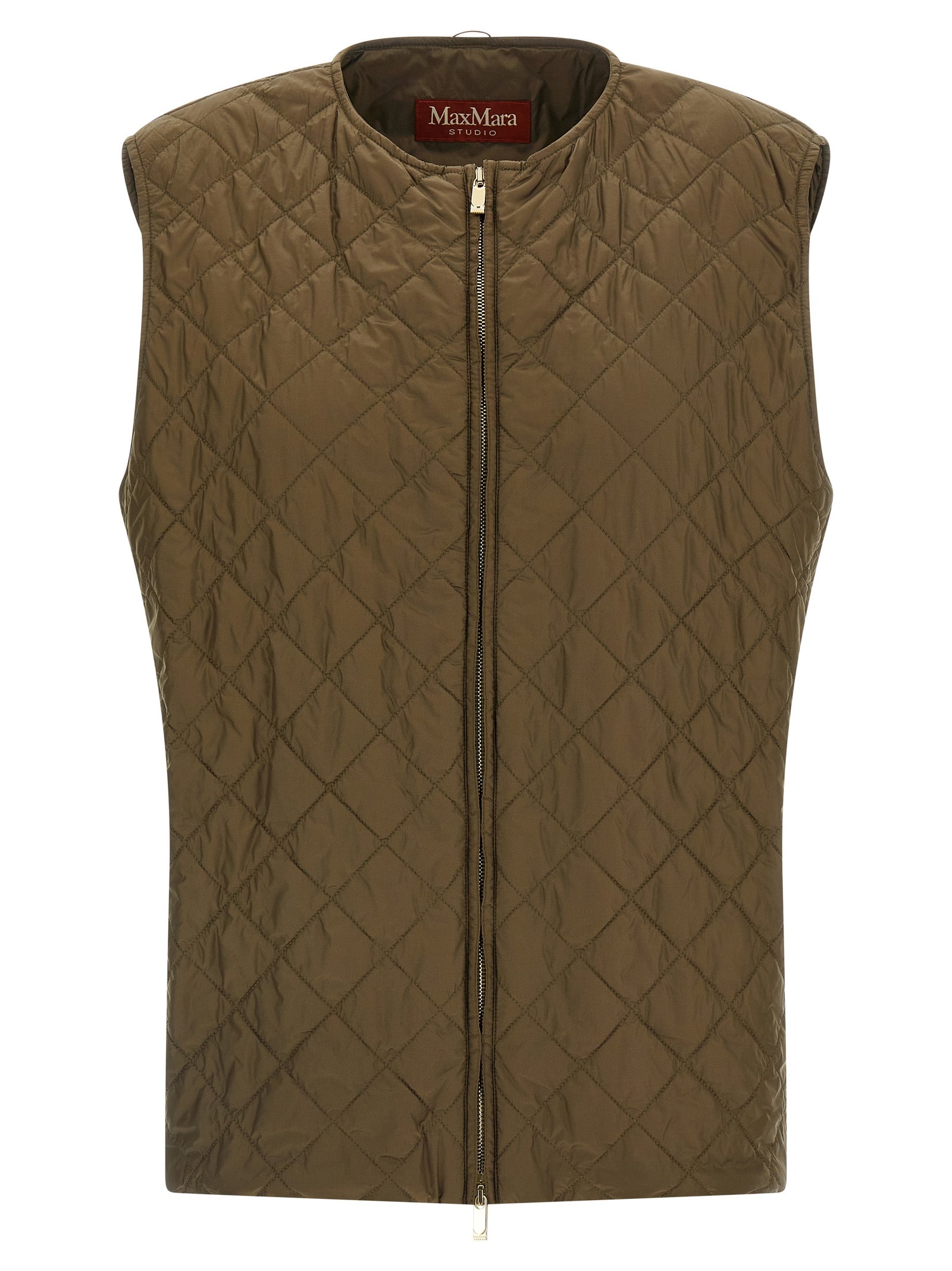 Vest by Max Mara for women in virgin wool & silk bicolour & green showcases a utilitarian silhouette, artfully incorporating pockets & insulated and a utilitarian shirt-collar neckline for a truly utilitarian finish.