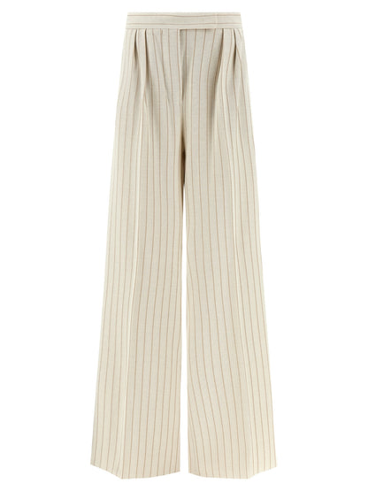 Trousers by Max Mara for women in cotton white & pinstripe features a artisanal silhouette, showcasing a sophisticated wide with a long and high rise for a artisanal finish.