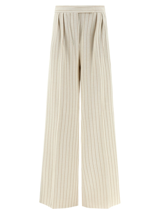 Trousers by Max Mara for women in cotton white & pinstripe features a artisanal silhouette, showcasing a sophisticated wide with a long and high rise for a artisanal finish.