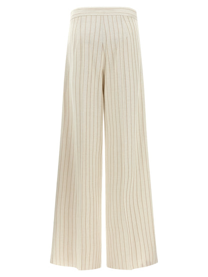 Trousers by Max Mara for women in cotton white & pinstripe features an sartorial silhouette, showcasing a precise wide and long with a sartorial high rise for a refined look.