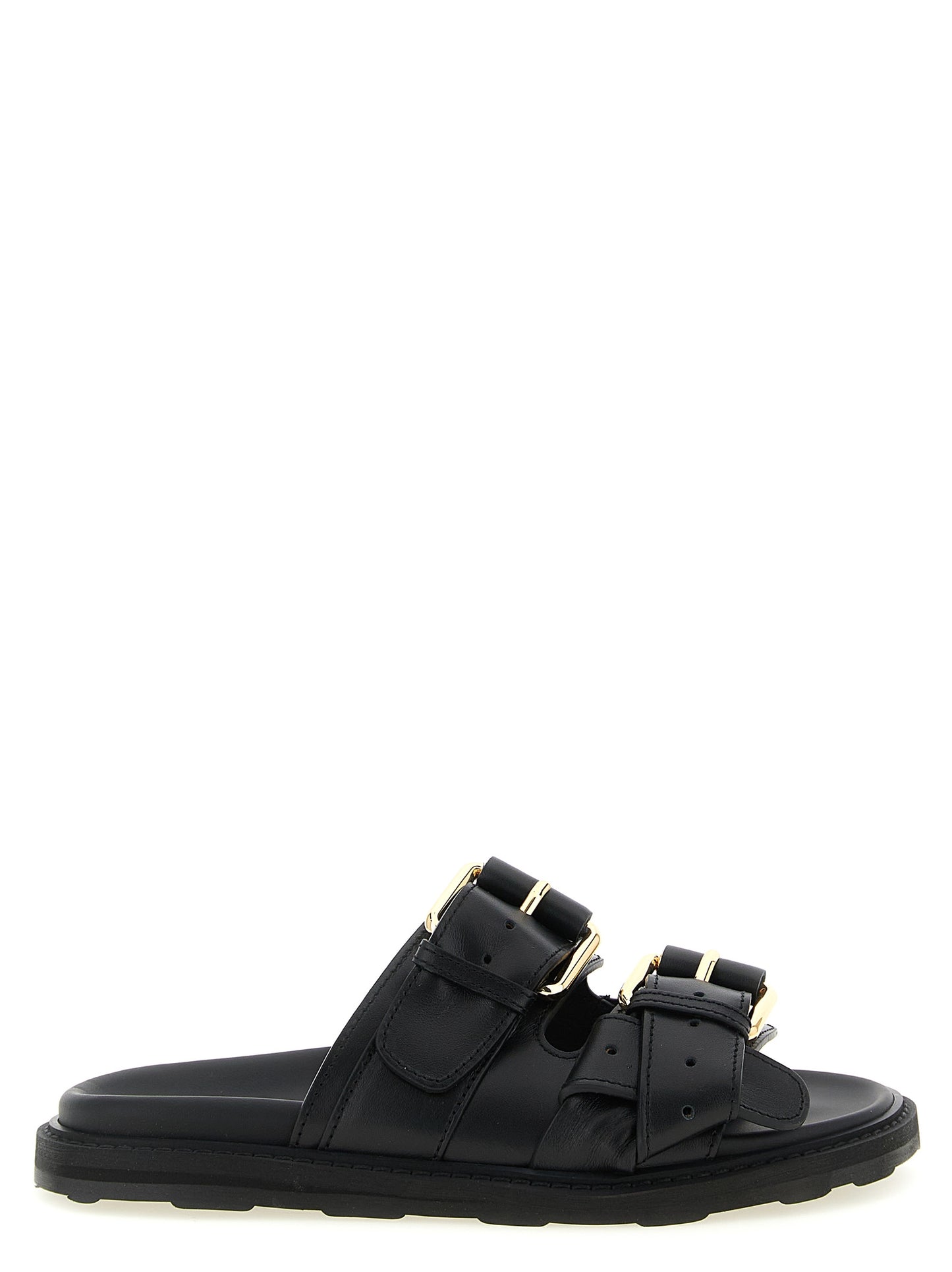Sliders Sandals Flat Shoes by Moschino for women in calfskin leather black presents a effortless chic silhouette, showcasing the City Women's Calfskin Leather Sliders Sandals Flat Shoes design with a effortless chic and for a sophisticated look.