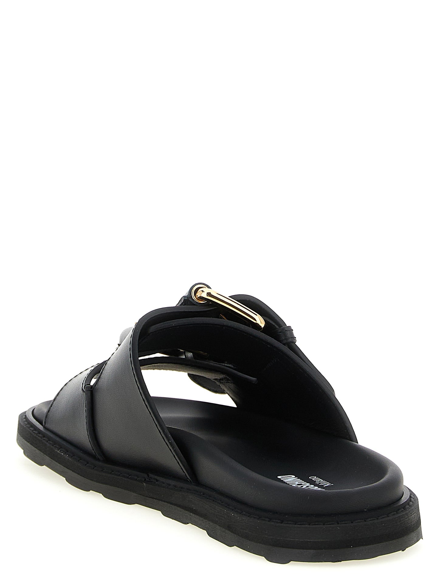 Sliders Sandals Flat Shoes by Moschino for women in calfskin leather black features an statuesque silhouette from the City Women's Calfskin Leather Sliders Sandals Flat Shoes collection, showcasing a and a statuesque for a statuesque look.