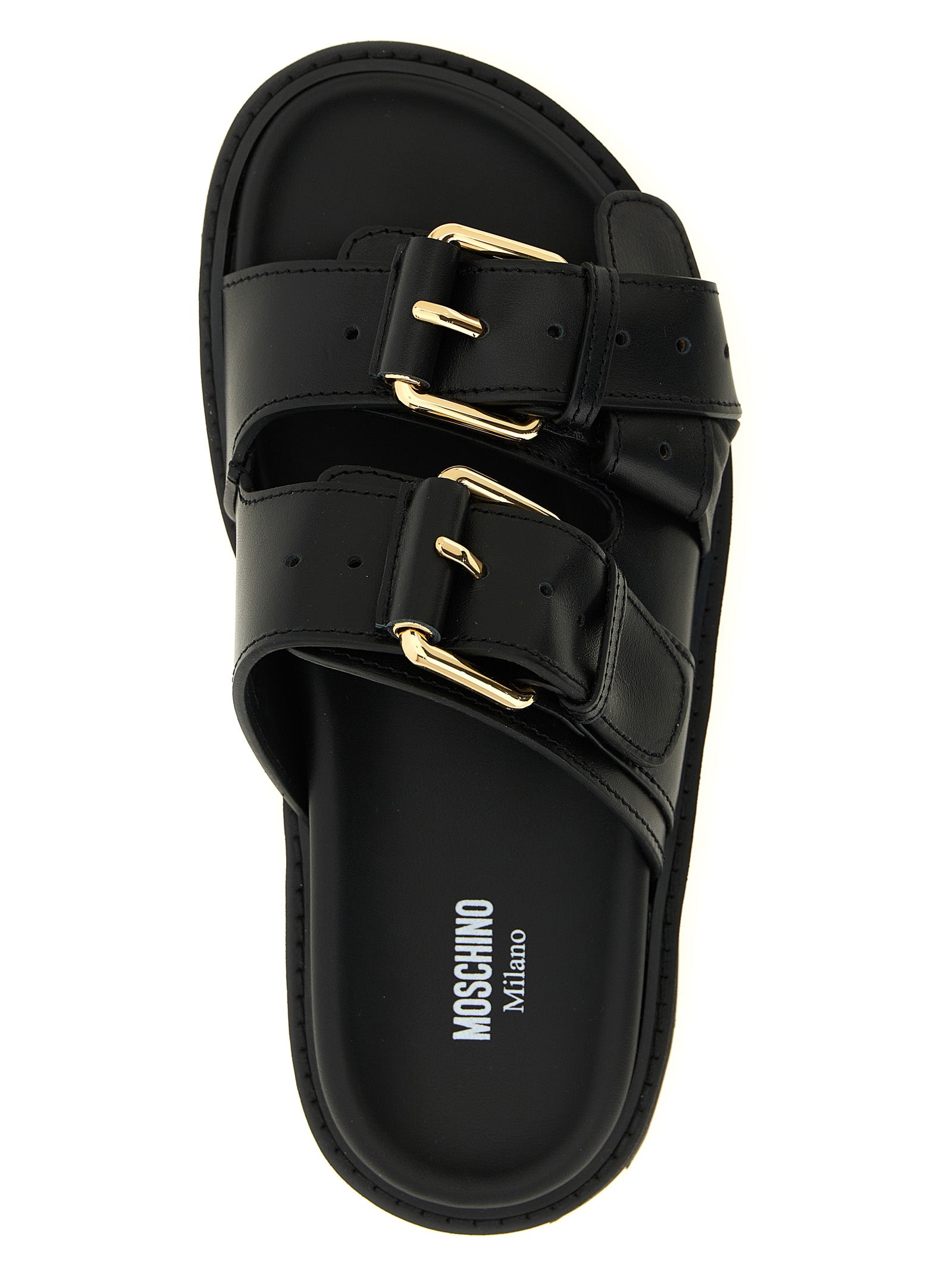 Sliders Sandals Flat Shoes by Moschino for women in calfskin leather black showcases a dynamic silhouette, artfully capturing City Women's Calfskin Leather Sliders Sandals Flat Shoes through its distinctive and elegant .