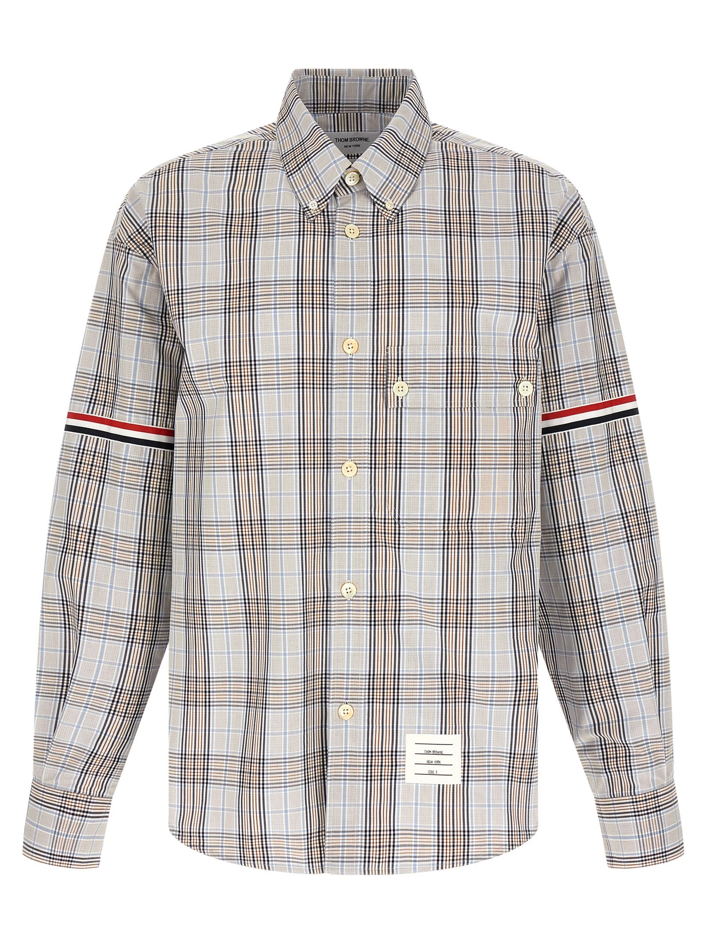 Shirt by Thom Browne for men in cotton multicolor & plaid features an architectural silhouette with a refined long-sleeve and elegant for a architectural look.