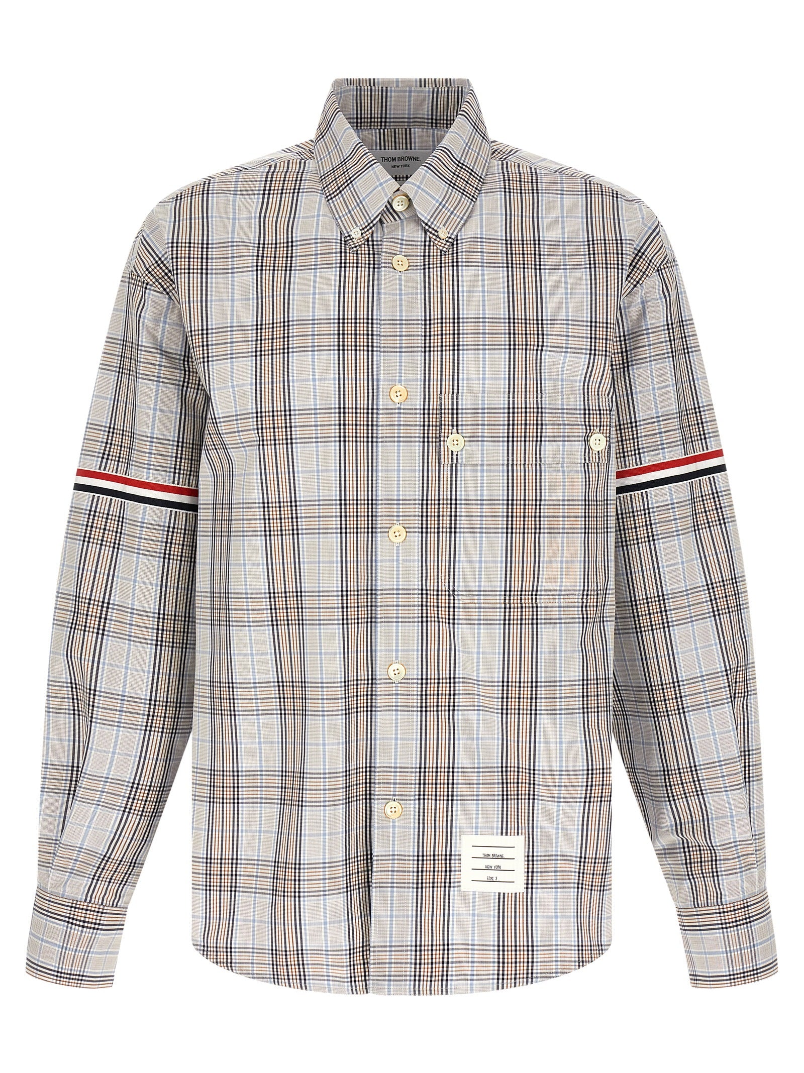 Shirt by Thom Browne for men in cotton multicolor & plaid features an architectural silhouette with a refined long-sleeve and elegant for a architectural look.