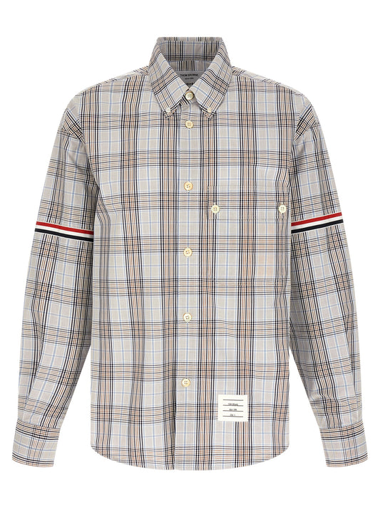 Shirt by Thom Browne for men in cotton multicolor & plaid features an architectural silhouette with a refined long-sleeve and elegant for a architectural look.
