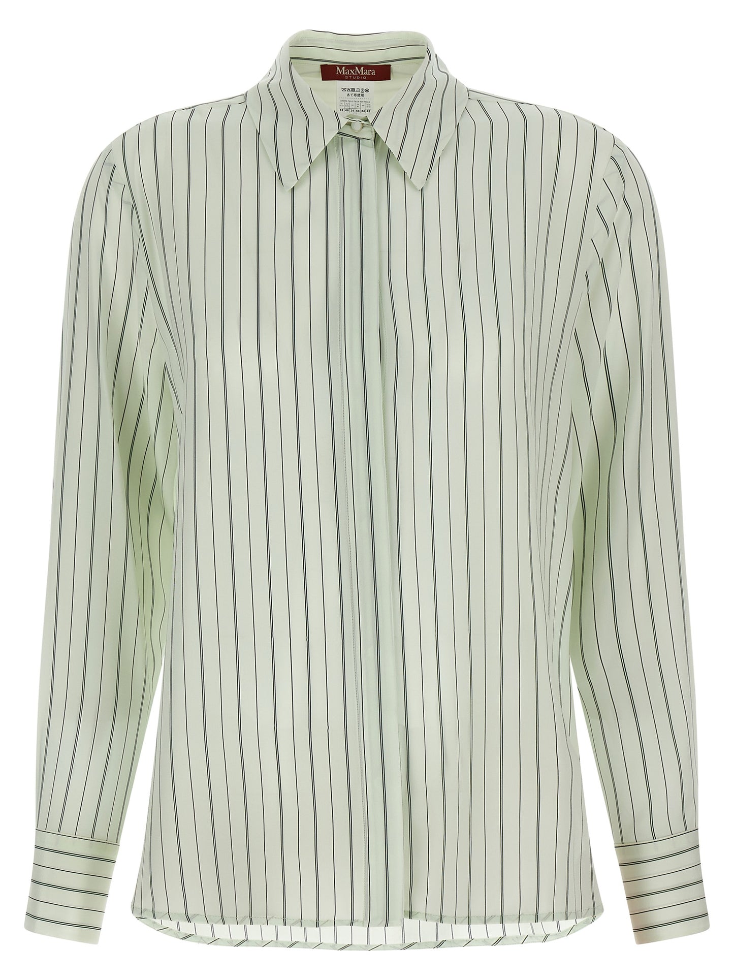 Blouse by Max Mara for women in silk crepe bicolour, green, print & striped features an architectural silhouette with a refined long-sleeve and elegant for a architectural look.