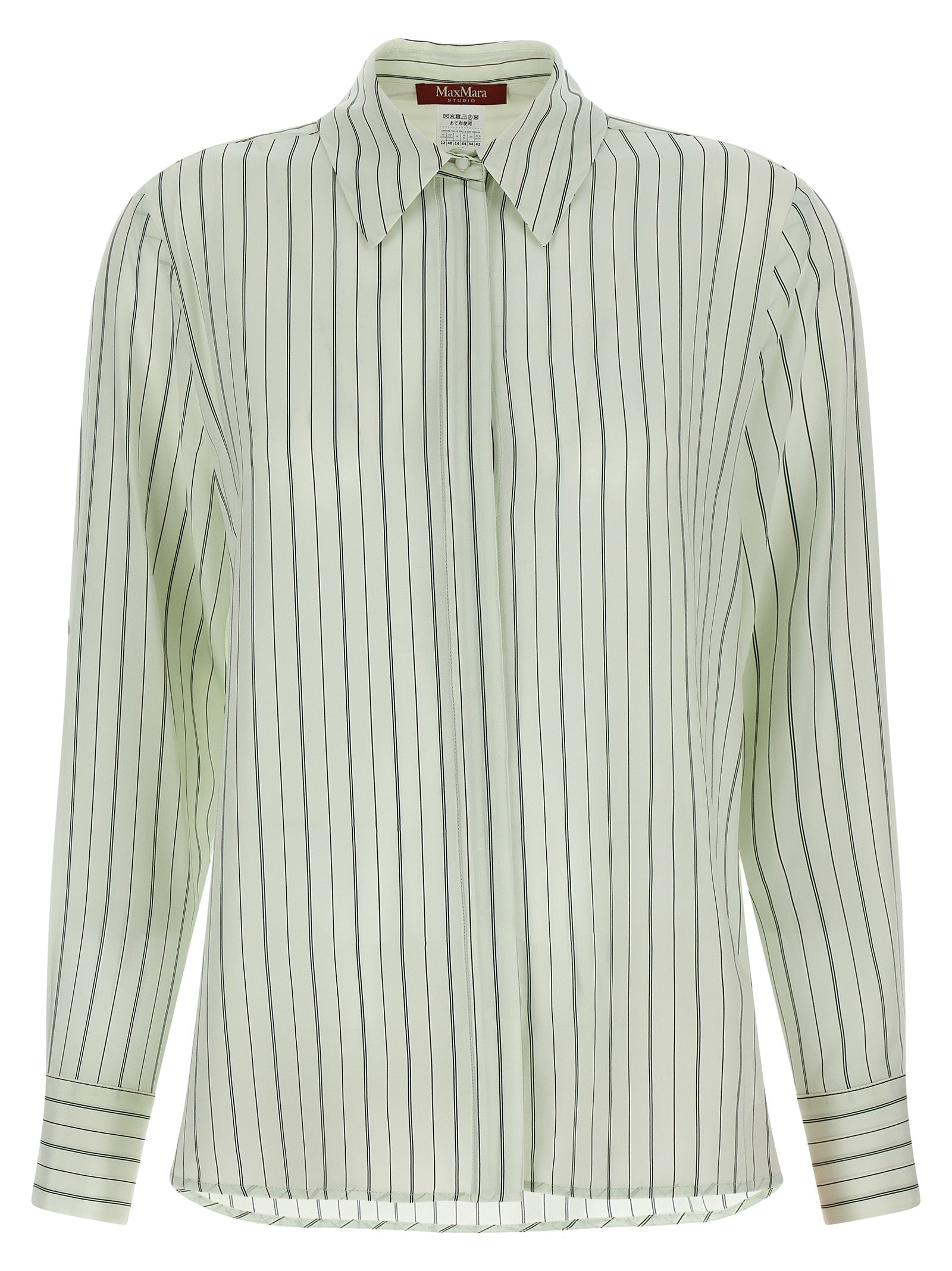 Blouse by Max Mara for women in silk crepe bicolour, green, print & striped features an architectural silhouette with a refined long-sleeve and elegant for a architectural look.