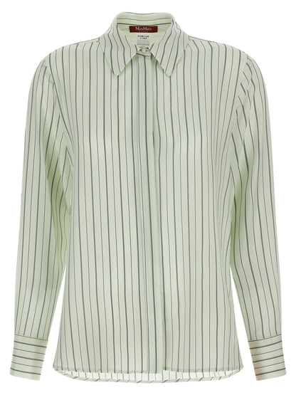 Blouse by Max Mara for women in silk crepe bicolour, green, print & striped features an architectural silhouette with a refined long-sleeve and elegant for a architectural look.