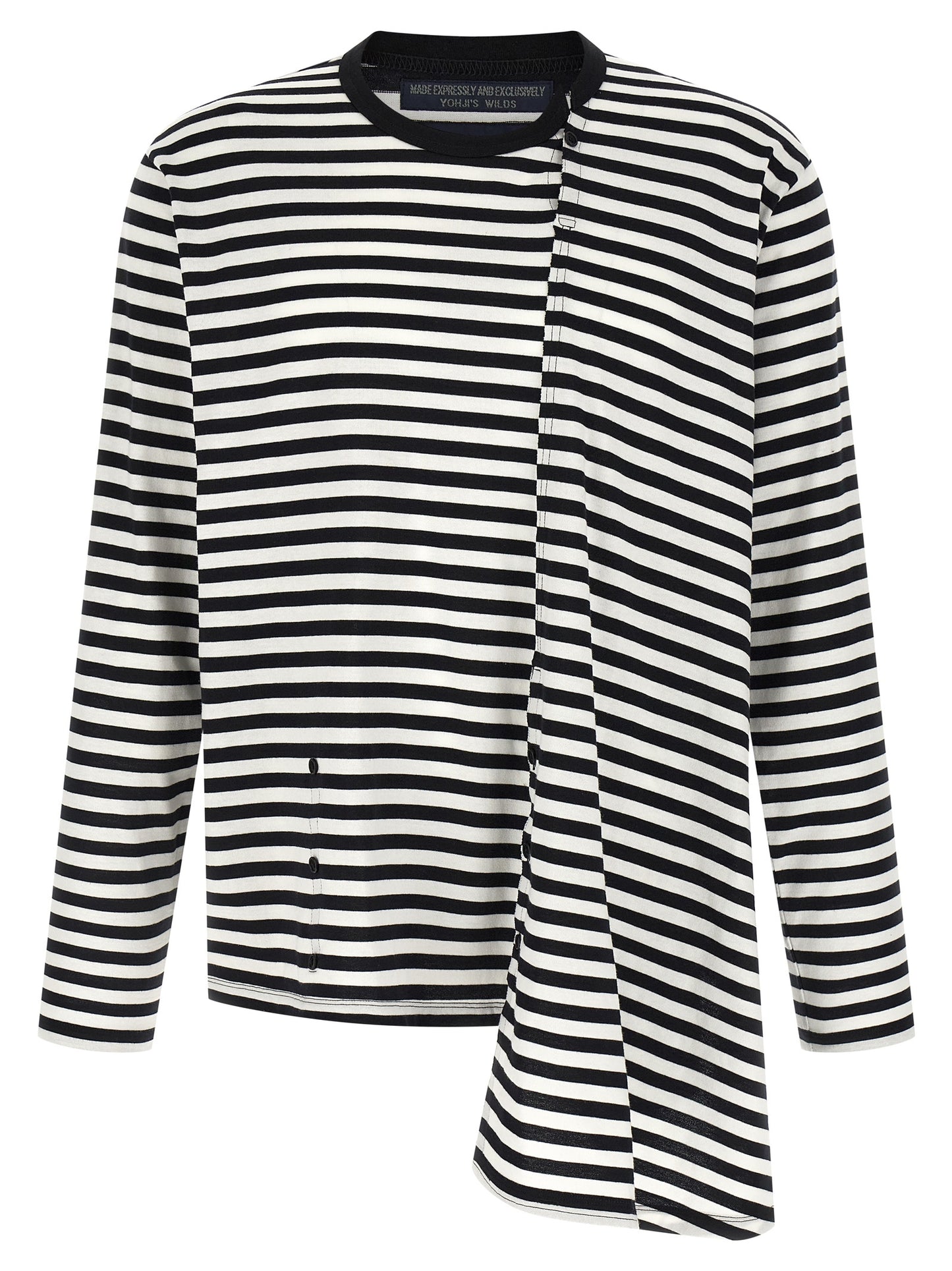 Cardigan by Yohji Yamamoto for men in cotton bicolour, black, white & striped features a dramatic silhouette, showcasing a sophisticated crew asymmetric neckline and dramatic long-sleeve detail for a timeless, premium look.
