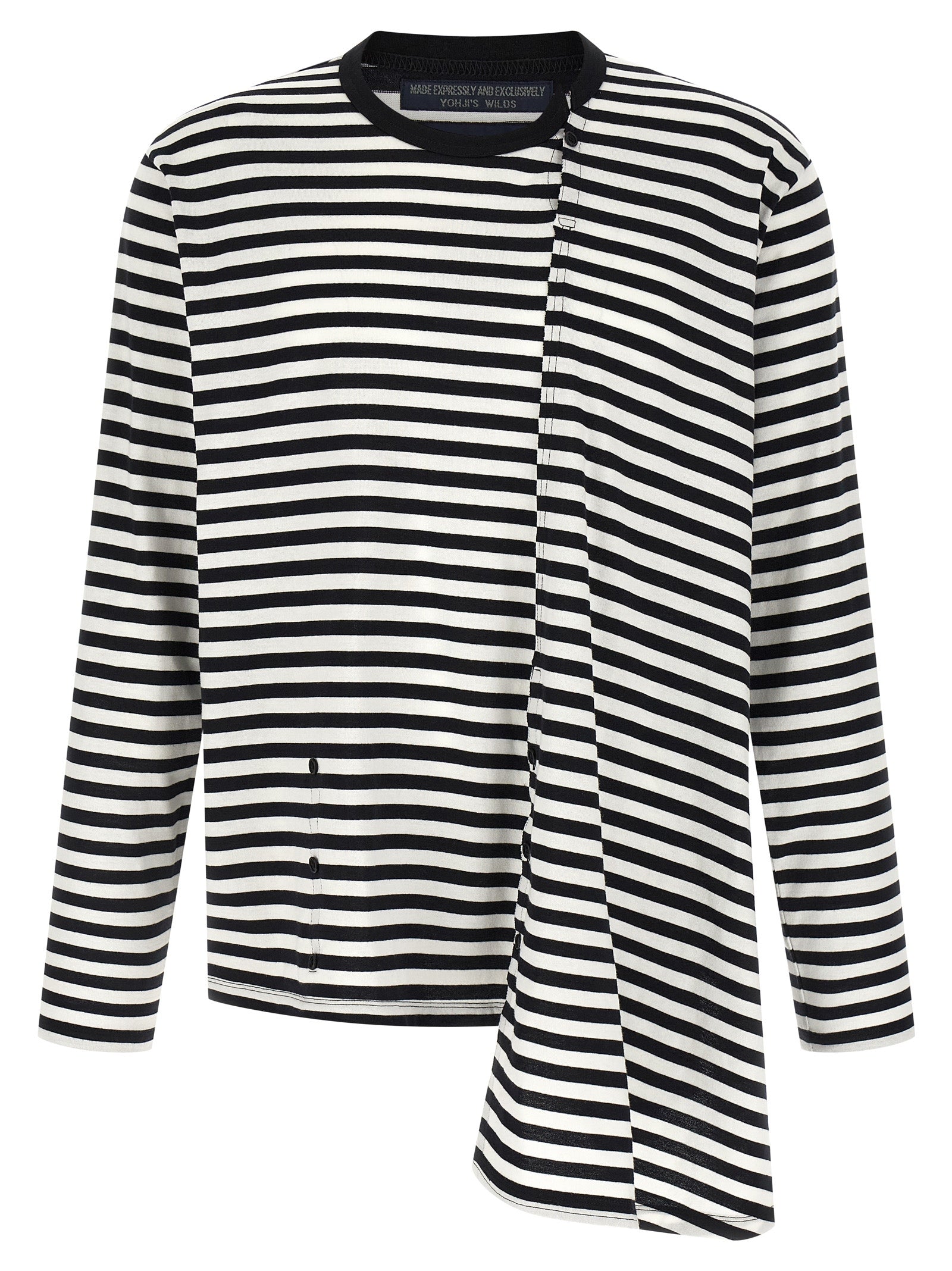 Cardigan by Yohji Yamamoto for men in cotton bicolour, black, white & striped features a dramatic silhouette, showcasing a sophisticated crew asymmetric neckline and dramatic long-sleeve detail for a timeless, premium look.