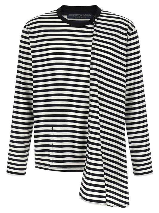 Cardigan by Yohji Yamamoto for men in cotton bicolour, black, white & striped features a dramatic silhouette, showcasing a sophisticated crew asymmetric neckline and dramatic long-sleeve detail for a timeless, premium look.