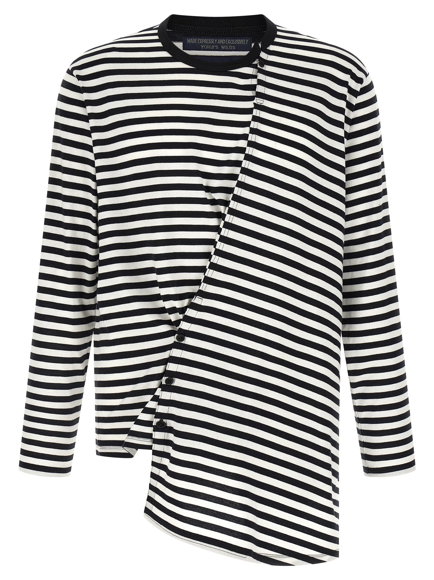 Cardigan by Yohji Yamamoto for men in cotton bicolour, black, white & striped features a nuanced silhouette with a refined crew asymmetric neckline and nuanced detailing for a sophisticated look.