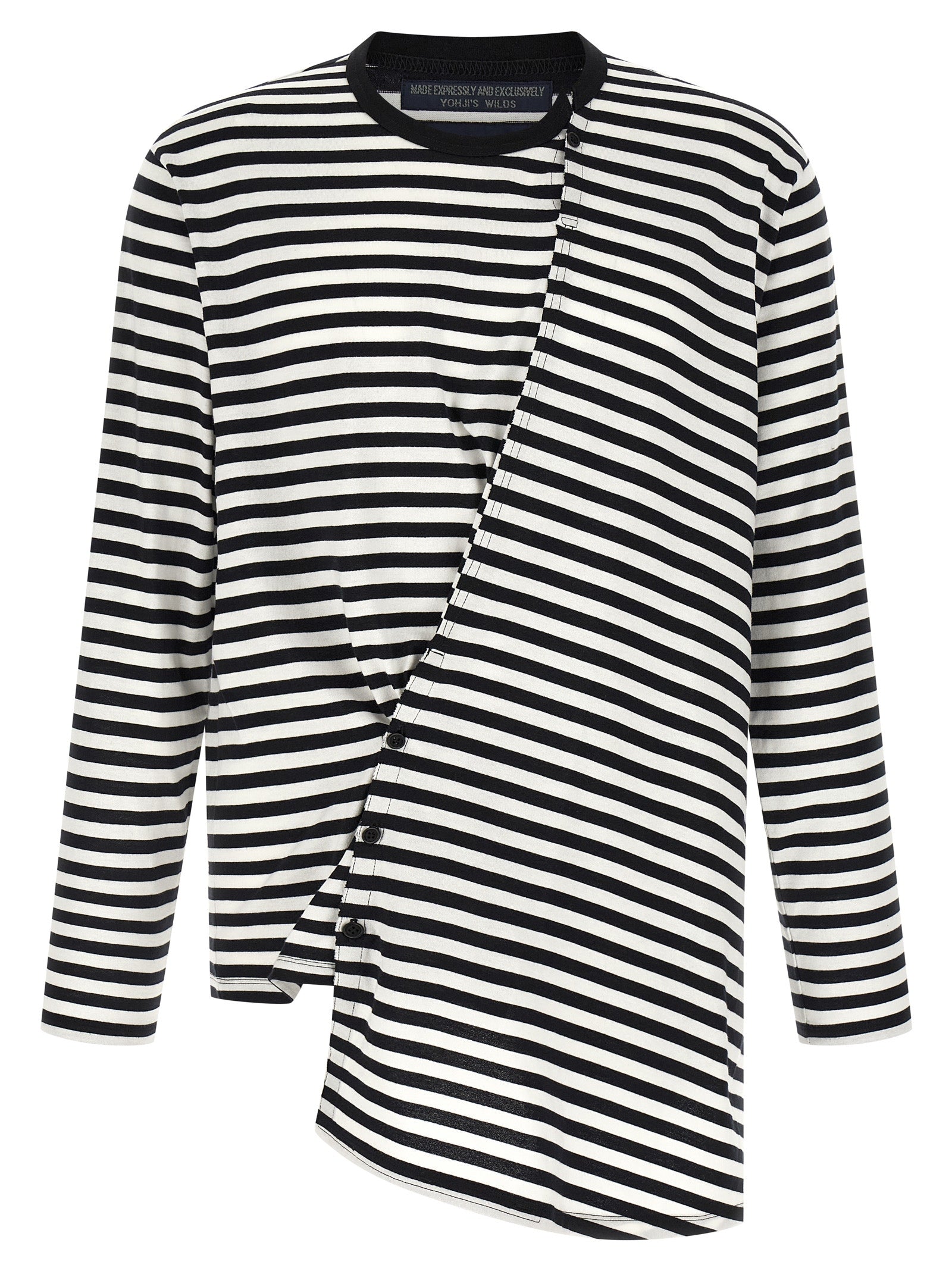 Cardigan by Yohji Yamamoto for men in cotton bicolour, black, white & striped features a nuanced silhouette with a refined crew asymmetric neckline and nuanced detailing for a sophisticated look.
