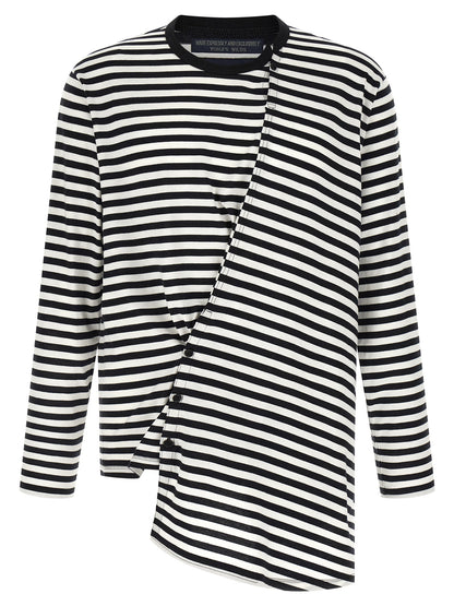 Cardigan by Yohji Yamamoto for men in cotton bicolour, black, white & striped features a nuanced silhouette with a refined crew asymmetric neckline and nuanced detailing for a sophisticated look.