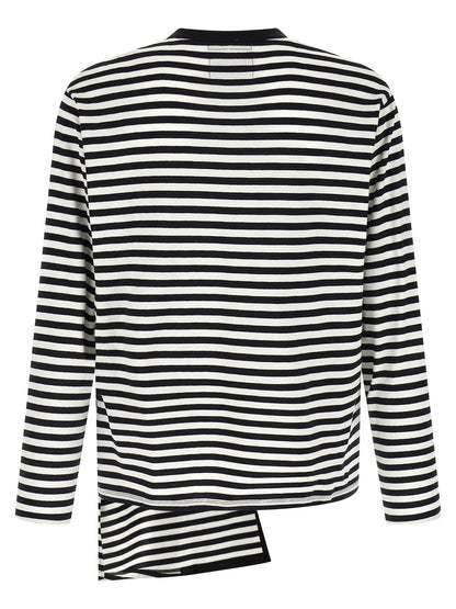 Cardigan by Yohji Yamamoto for men in cotton bicolour, black, white & striped features an crisp silhouette, showcasing a sophisticated crew asymmetric neckline and detail for a truly crisp finish.
